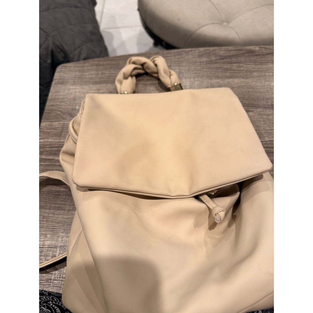 Primark Cream Faux Leather Drawstring Backpack with Braided Top Handle